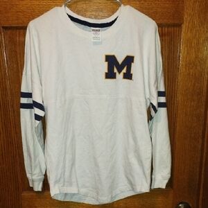 White Long Sleeve Shirt with Blue M Logo